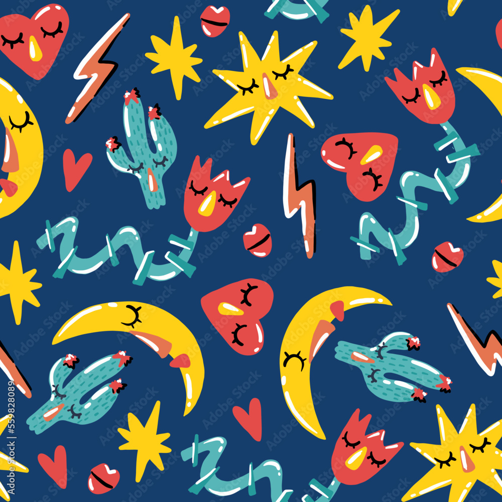 Fototapeta premium Seamless pattern with cute doodle moon, flowers, heart, stars, cactus, lips. Background for kids, textile, wrapping paper, socks, clothes, stationery and other designs.