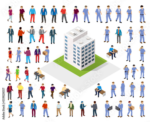 Isometric 3D illustration of the city quarter with houses,