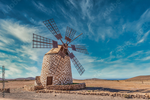 Puerto los Molinos wind mill on the west coast of Fuerteventura,   Spain