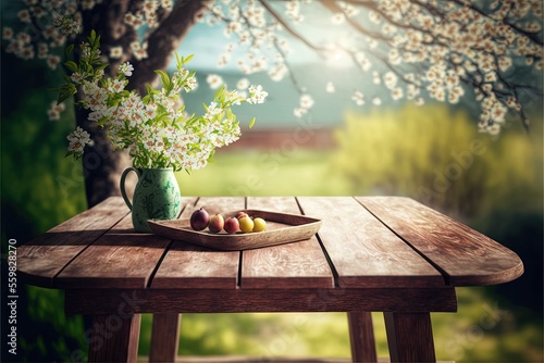Photographie a wooden table with a vase of flowers and apples on it, and a tray of apples on the table with a vase of flowers in the background of a blossomy tree, with a