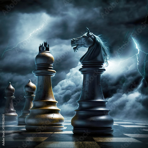 Chess pieces on the chessboard against different backgrounds