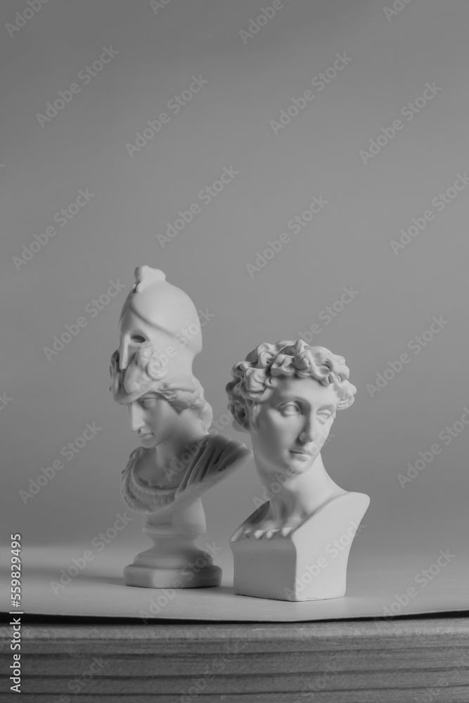 a white bust of Athena and a bust of Dionysus stand side by side on the