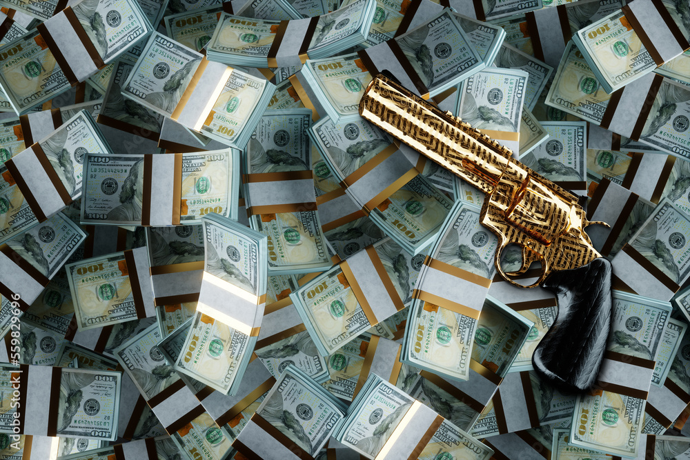 Golden pistol revolver lies on dollars, money and guns top view. 3D render, 3D illustration.
