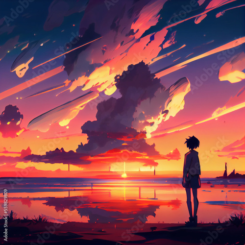Landscape wallpaper background anime style. Concept art generative ai.