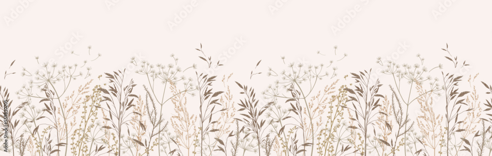 Vector illustration with wild and dry herbs. Panoramic horizontal seamless pattern. Autumn meadow. Ornament for wallpaper, card, border, banner or your other design. Natural beige tones. 
