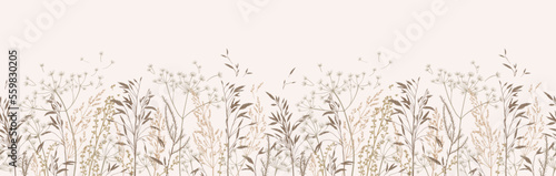 Vector illustration with wild and dry herbs. Panoramic horizontal seamless pattern. Autumn meadow. Ornament for wallpaper, card, border, banner or your other design. Natural beige tones.  photo