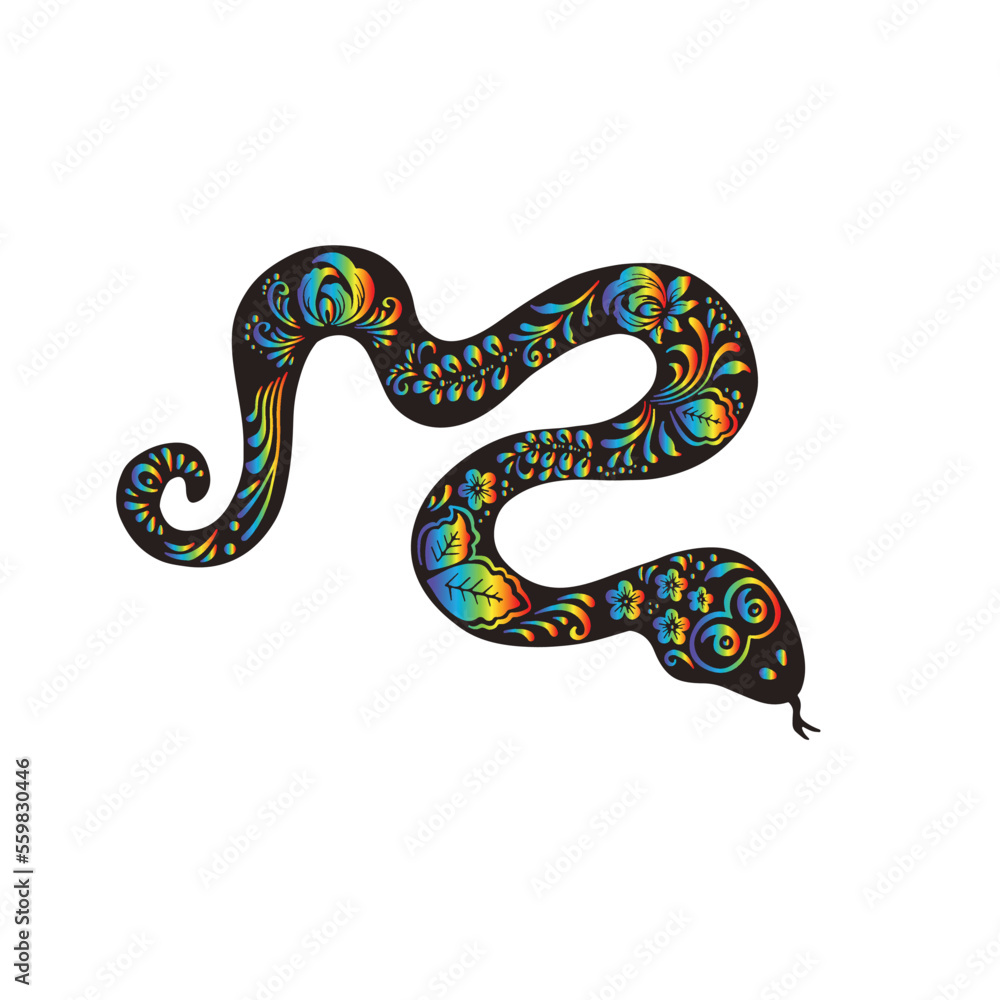 Black snake, python with floral rainbow painting, vector illustration Black snake, python with floral rainbow painting, vector illustration
