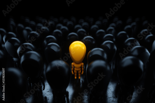 The concept of loneliness, depression, not being like everyone else. yellow figurine of a man with redm crowd of black figures. 3D render, 3D illustration.
