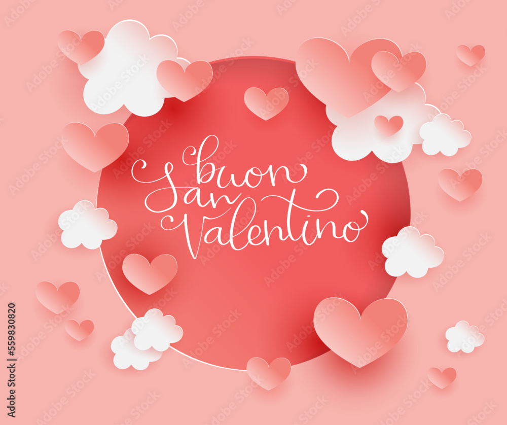 Buon San Valentino translation from italian Happy Valentine day. Handwritten calligraphy lettering illustration. Vector background with paper cut hearts and clouds.