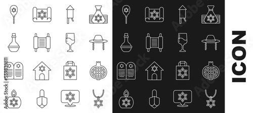 Set line Star of David necklace on chain, Pomegranate, Orthodox jewish hat, Firework rocket, Torah scroll, Jewish wine bottle, Balloon with star david and goblet icon. Vector