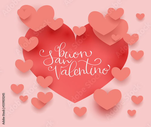 Buon San Valentino translation from italian Happy Valentine day. Handwritten calligraphy lettering illustration. Vector background with paper cut hearts.