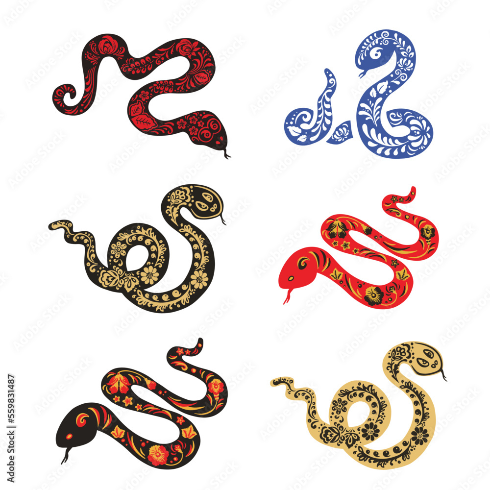 Fototapeta premium Set of snake, viper with ethnic painting and vector illustration