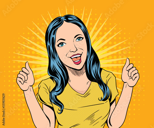 Happy smiling woman. pop art retro hand drawn style vector design.