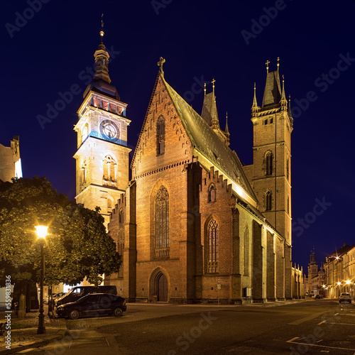 Hradec Kralove, Czech Republic. Cathedral of the Holy Spirit and White Tower in dusk. The cathedral was founded in 1307. The tower was founded in 1574.