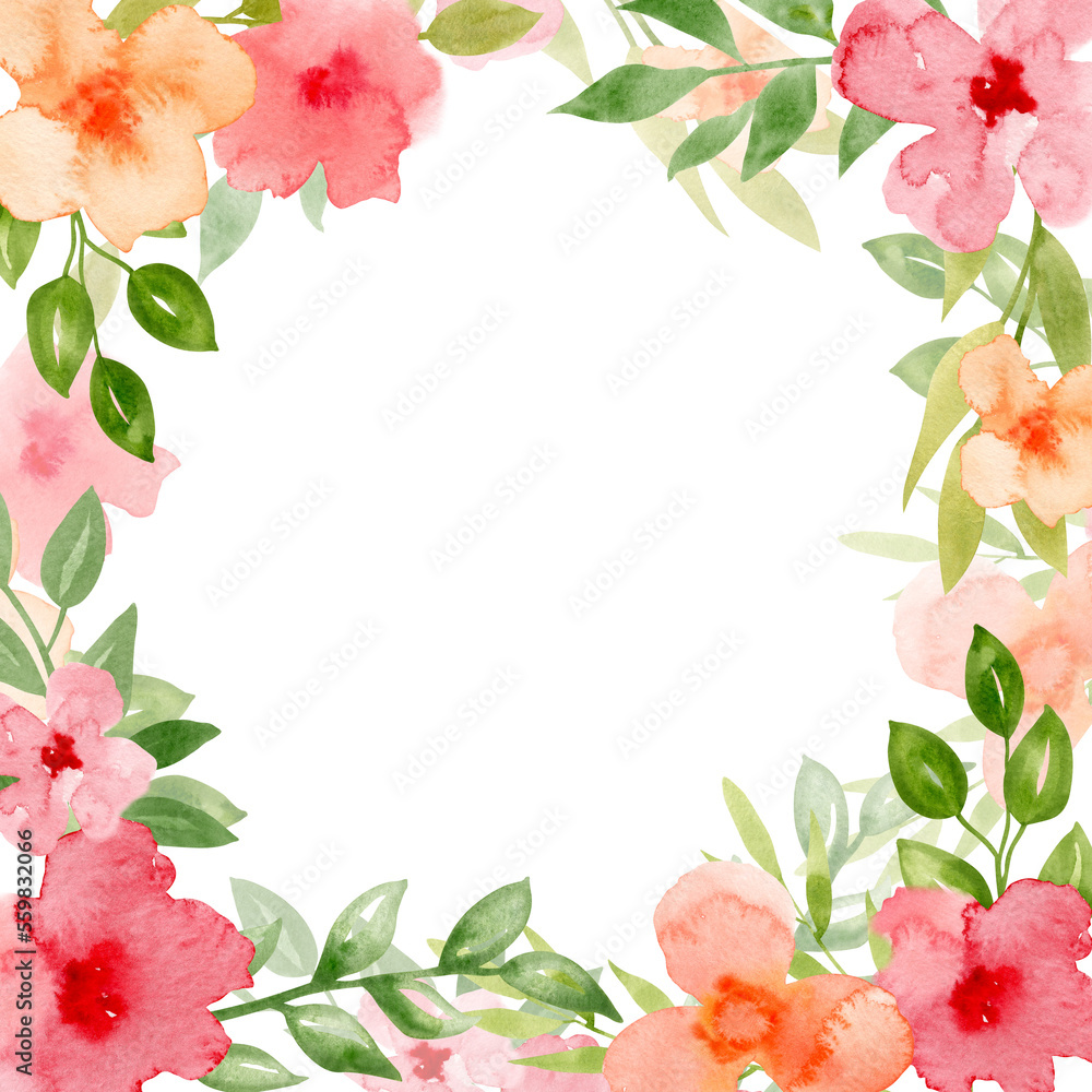 Frame with abstract simple watercolor Flowers in red and orange colors. Square floral Border for greeting cards or wedding invitations on isolated background. Summer hand drawn illustration Frame with abstract simple watercolor Flowers in red and orange colors. Square floral Border for greeting cards or wedding invitations on isolated background. Summer hand drawn illustration