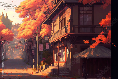 Old Japanese street, houses and maple trees
