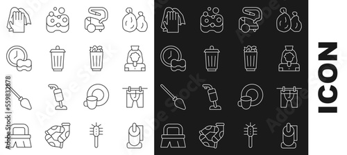 Set line Toilet paper roll, Drying clothes, Cleaning lady service, Vacuum cleaner, Trash can, Washing dishes, and Full trash icon. Vector