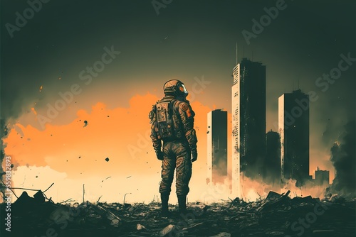 An astronaut stands in the ruins of a city