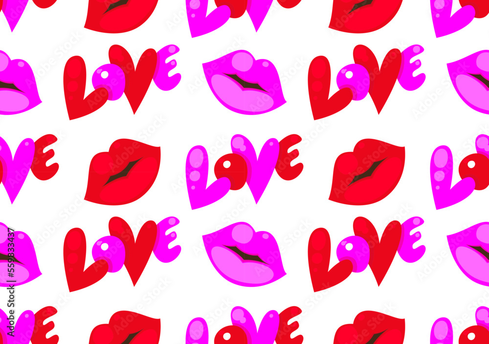 Fototapeta premium Bright pink and red lips with the inscription love on a light white background. Seamless pattern, print for Valentine's Day. Vector illustration
