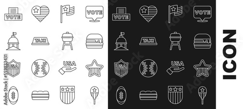 Set line Balloons, USA Independence day, Burger, American flag, Taxi car roof, White House, Vote box and Barbecue grill icon. Vector