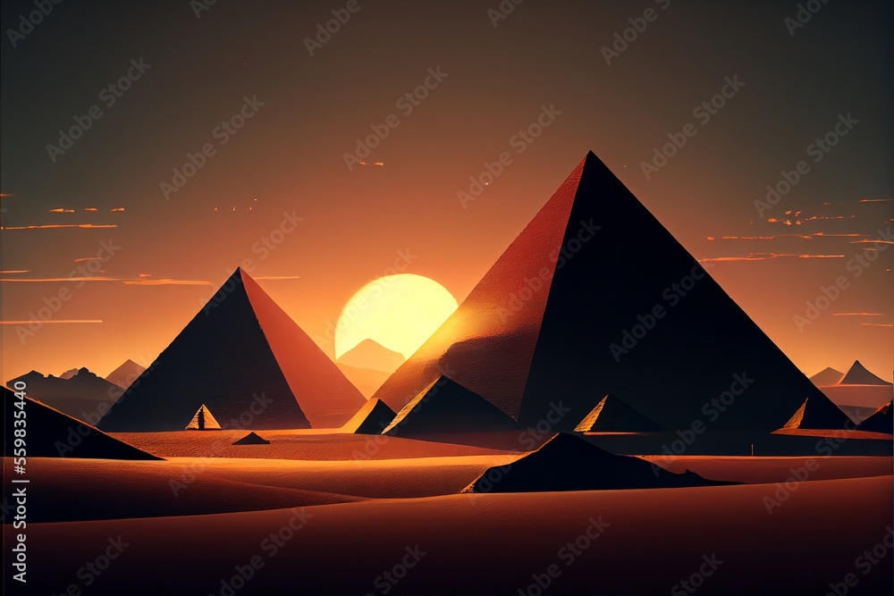 Two fictional egyptian pyramids in desert with evening sunset Generative AI