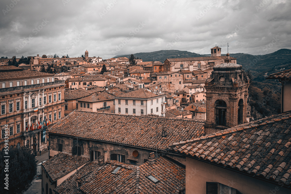 view of the old city of perugia, in umbria, italy, on a spring cloudy day