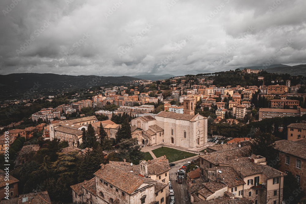 view of the old city of perugia, in umbria, italy, on a spring cloudy day
