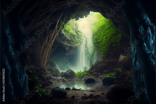Waterfall inside a Cave. Generative AI