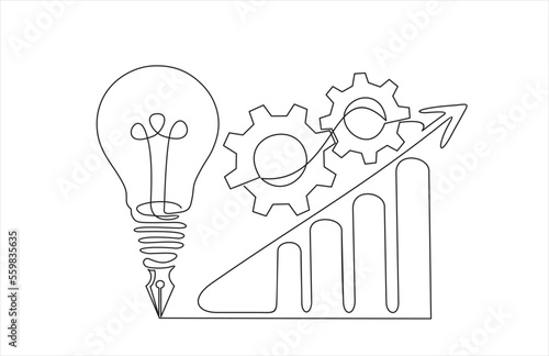 continuous line drawing of gears, lights idea and graph.Continuous line drawing. Startup business. Vector illustration. Isolated on white background. 