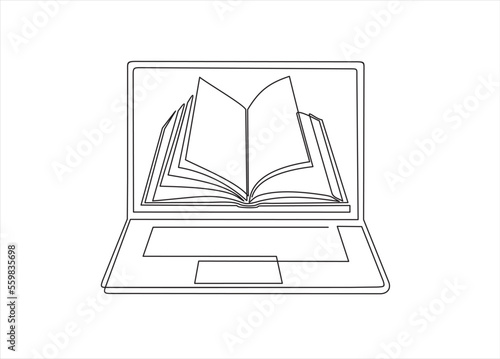 Continuous line drawing or one line drawing of a book on a computer. Vector illustration of modern education and technology. Online education.