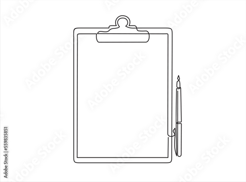 Continuous one line drawing of   clipboard paper and pen isolated in continuous line art style vector