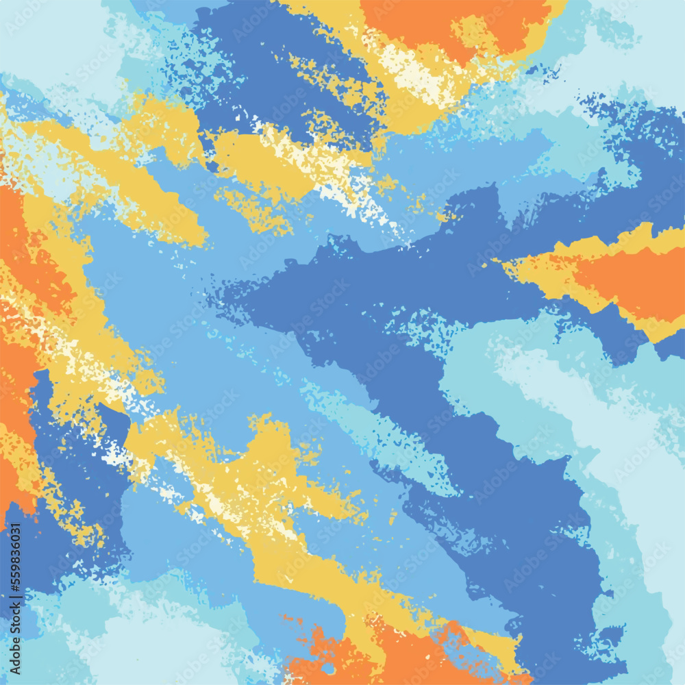 Brush stroke blue, yellow, and orange grunge textured vector square background with abstract shapes isolated. Simple decorative flat wallpaper for social media post, poster, fabric print, and others.