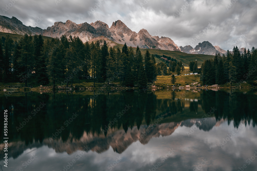 lake in the dolomites on a summer cloudy day