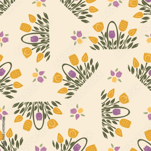 Natural allotment floral vector pattern. Seamless garden growing floral tile. Hand drawn decorative pretty botanical all over print. 