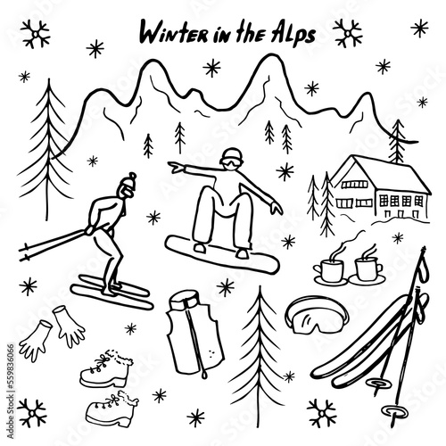 Doodle drawings of winter holidays in the alpine mountains, snowboarder, skier, mountains, snowy, fir trees, chalets and winter clothes on a white background. Winter resort in the Alps