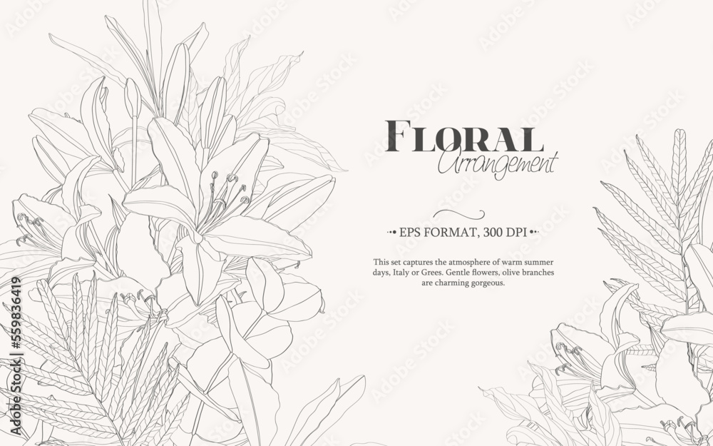 Neutral minimal background in pastel colors with garden flowers and leaves. Illustration for invitation, greeting card, packaging, branding design,banner,presentation,poster,advertising. Neutral minimal background in pastel colors with garden flowers and leaves. Illustration for invitation, greeting card, packaging, branding design,banner,presentation,poster,advertising.