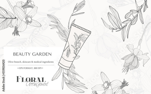 Set for cosmetics. Packing concept with olive branches. Natural, eco, bio cosmetics isolated on white background. Vector illustration of a sketch style.