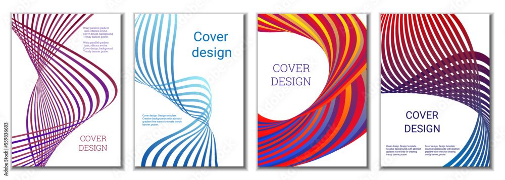 A set of 4 abstract covers. Wavy parallel gradient lines, ribbons evolve. Cover design, background. Trendy banner, poster. A set of 4 abstract covers. Wavy parallel gradient lines, ribbons evolve. Cover design, background. Trendy banner, poster.