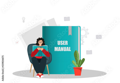 A person, woman reading user manual book, guide instruction or textbooks, specifications user guidance document, flat vector illustration