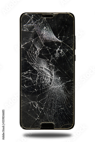 Smartphone with broken display isolated on white background.
