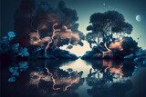 magical fantasy forest with river or lake. Generative AI
