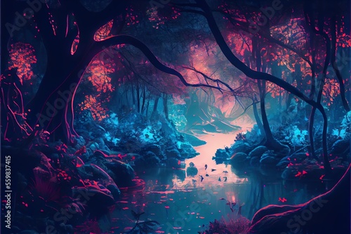 magical fantasy forest with river or lake. Generative AI