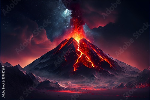 Mountainous volcano erupting and casting lava. Generative AI