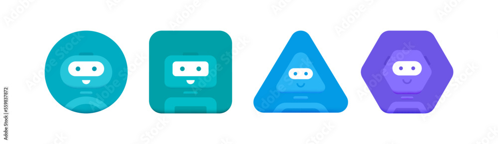 Chatbot character set. Cute 3d Bot sign. Chat bot logo design. Bot for online consultation and support service. Flat vector illustration Chatbot character set. Cute 3d Bot sign. Chat bot logo design. Bot for online consultation and support service. Flat vector illustration