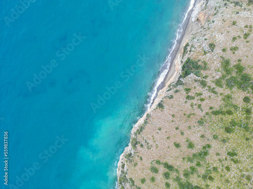 Superb photo from above of the coast of Palinuro. Sea along the coast of Campania (southern Italy) clear, clean with sandy and isolated beaches, and cliffs overlooking the sea.