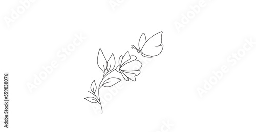 butterfly and flower line art vector illustration 