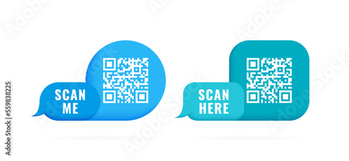 QR code 3d speech bubble with inscription scan me and scan here. Qr code for smartphone, payment, web, mobile app, ecommerce. Vector illustration
