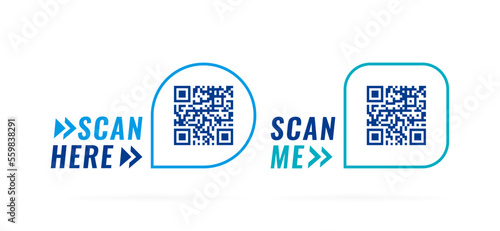 QR code speech bubble with inscription scan me and scan here. Qr code for smartphone, payment, web, mobile app, ecommerce. Vector illustration