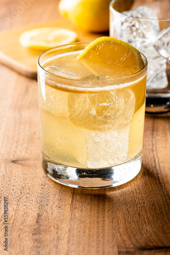 Whiskey sour. Classic Cocktail. Mixed drink with whiskey, lemon juice, sugar, and optionally, a dash of egg white. It is a type of sour, a mixed drink with base spirit, citrus juice, and a sweetener. 