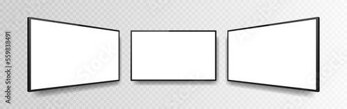 Realistic television screen mockup set isolated on transparent background. 3d blank TV led monitor. Vector illustration
